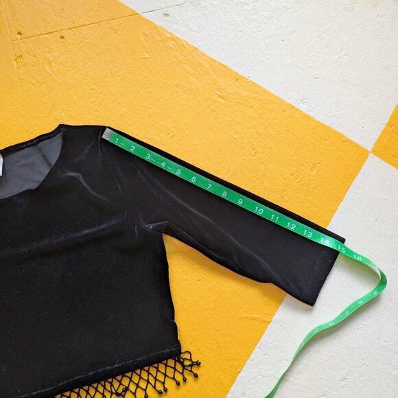 Vintage Y2K Fall Witchy Stretch Velvet Crop Top Bead Fringe Quarter Sleeve - Picture 9 of 9